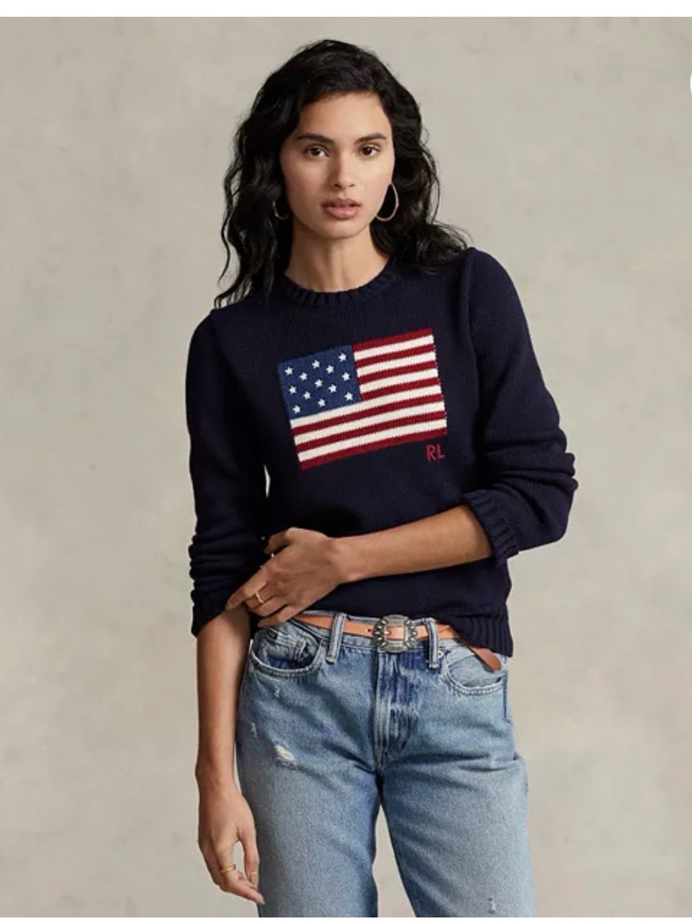 Ralph Lauren Navy Crewneck Sweater with Flag Motif
